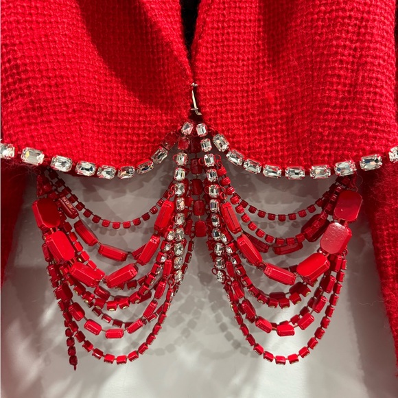 AREA Women Crystal Embellished Crop Tweed Blazer Red Size Small - Picture 6 of 12